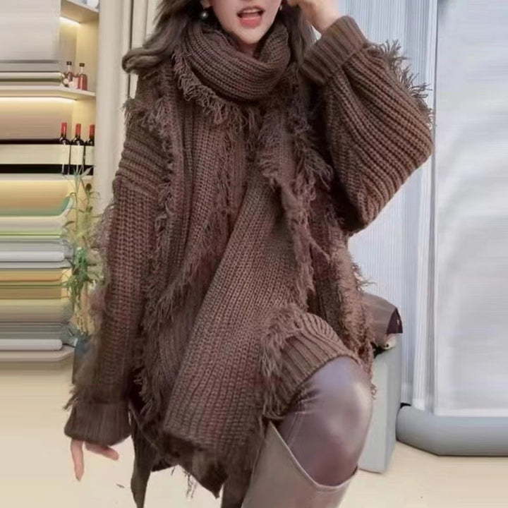 Damen Grobstrickpullover mit fransigen Abschlüssen und V-Ausschnitt Drune