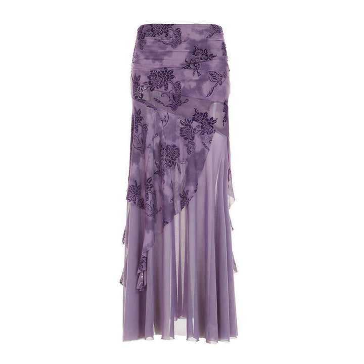 Damen eleganter asymmetrischer Maxirock mit floralen Verzierungen Drune