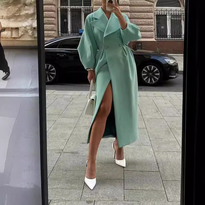 Damen eleganter Trenchcoat mit schimmerndem Finish und stylischem Gürtel Drune