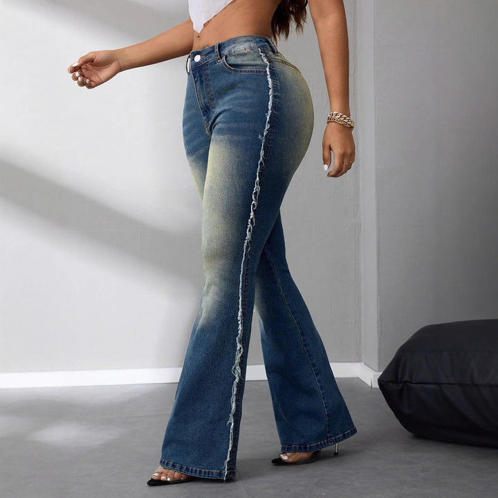 Damen Bootcut Jeans mit hohem Bund aus leichtem Denim und fransigen Details Drune
