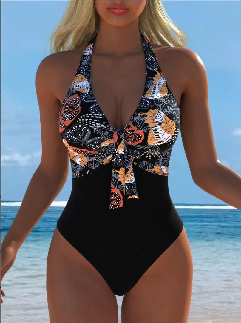 Damen Einteiliger Badeanzug mit modischem Schmetterlingsdesign und elegantem Bindeband Drune
