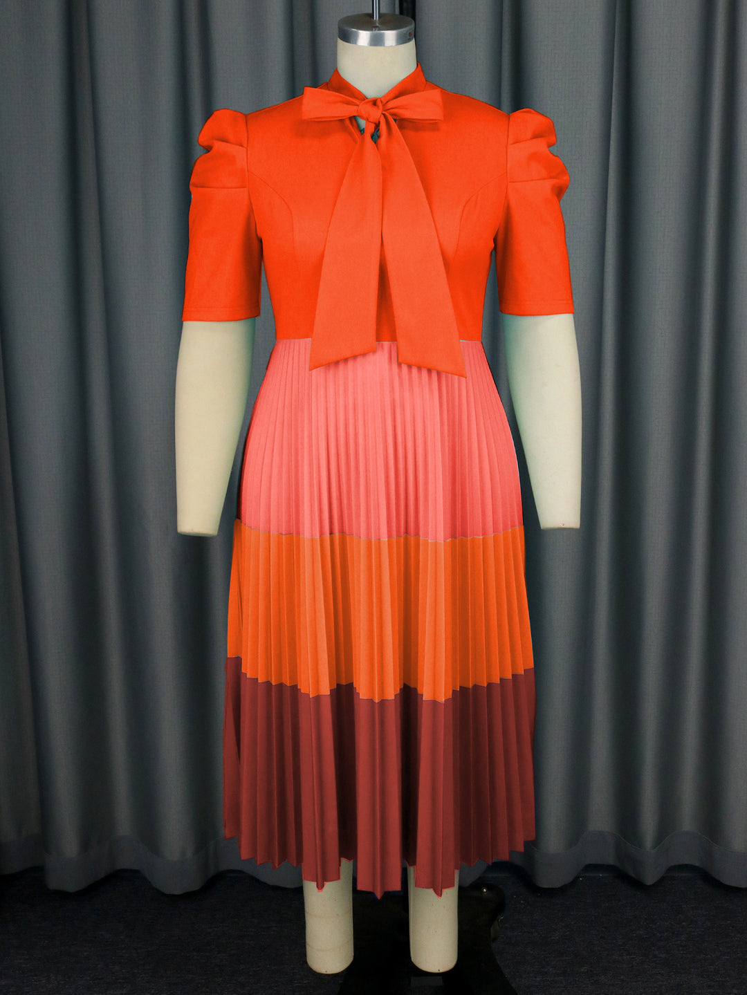 Damen Elegantes Plisseekleid mit Schleifenkragen Drune