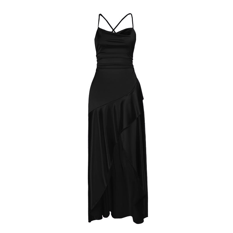 Damen luxuriöses Satin-Maxikleid mit asymmetrischem Schnitt Drune