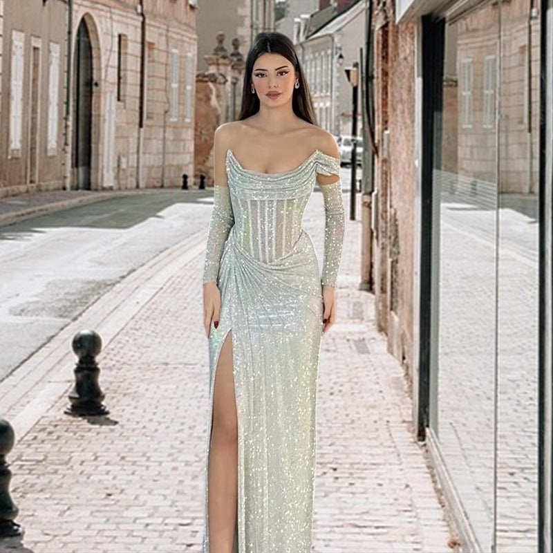 Damen Elegantes Abendkleid mit schimmerndem Schmuckdetail und drapiertem Rock Drune