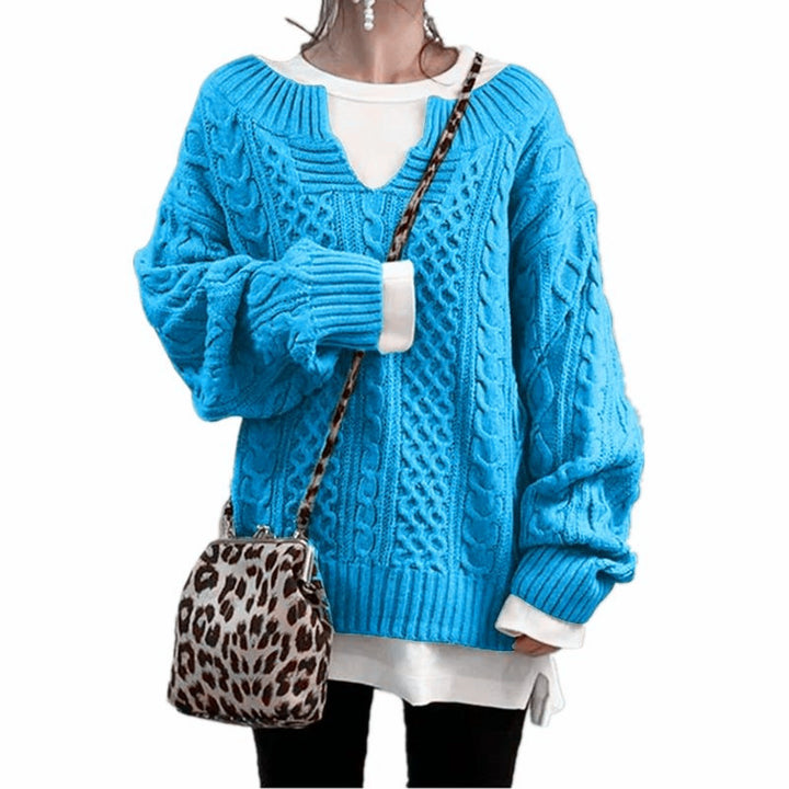 Damen nan weit geschnittener Strickpullover mit Zopfmuster und V-Ausschnitt Drune
