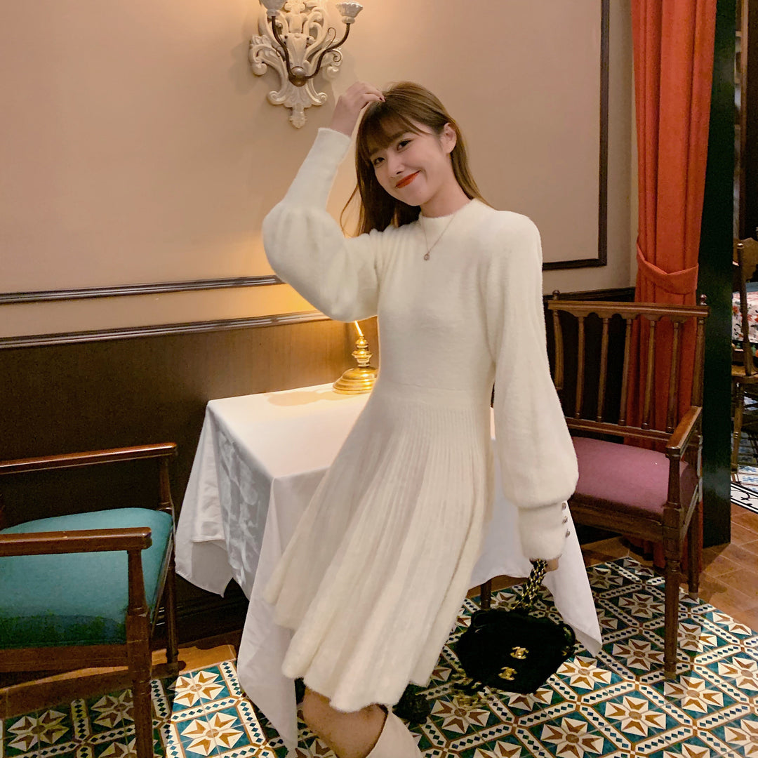 Damen Strickkleid mit modischen Puffärmeln und Knopfdetails Drune