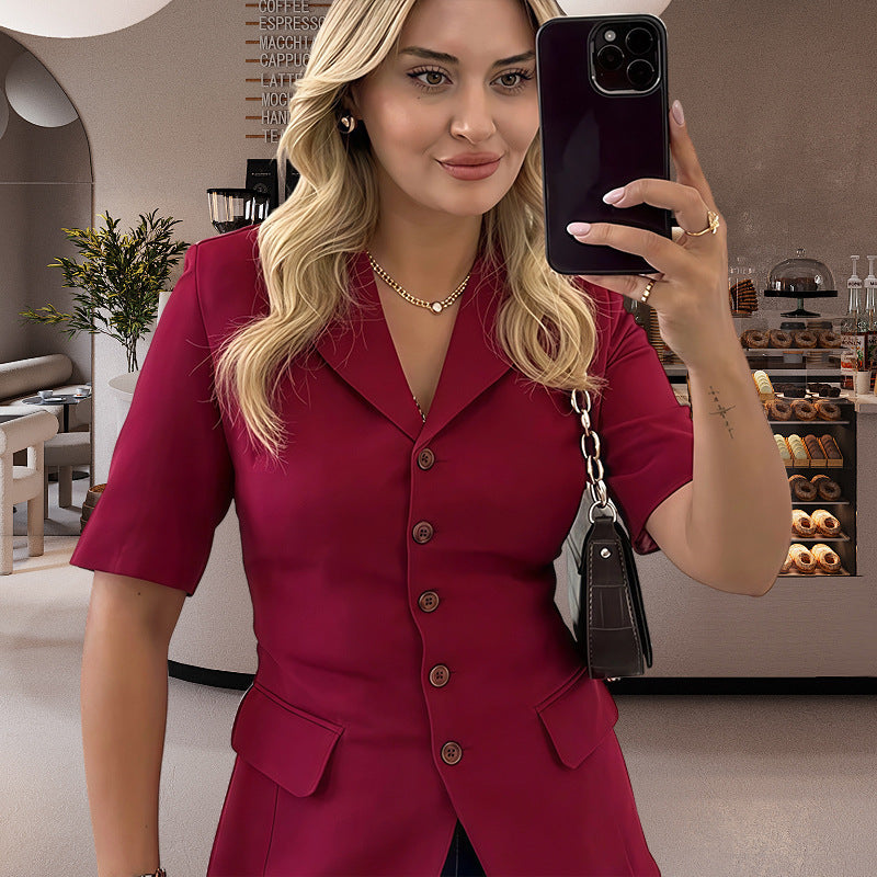 Damen Modische Blazerjacke mit kurzen Ärmeln Drune