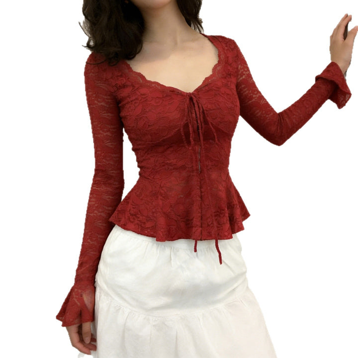 Damen Spitzenbluse mit romantischen Rüschen und bindbarem Dekolleté Drune