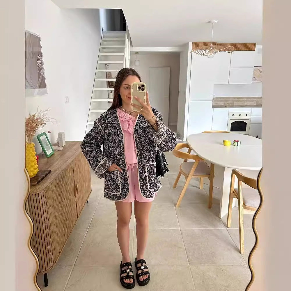 Damen elegante Floral-Jacke im Oversized-Schnitt mit strukturierten Details Drune