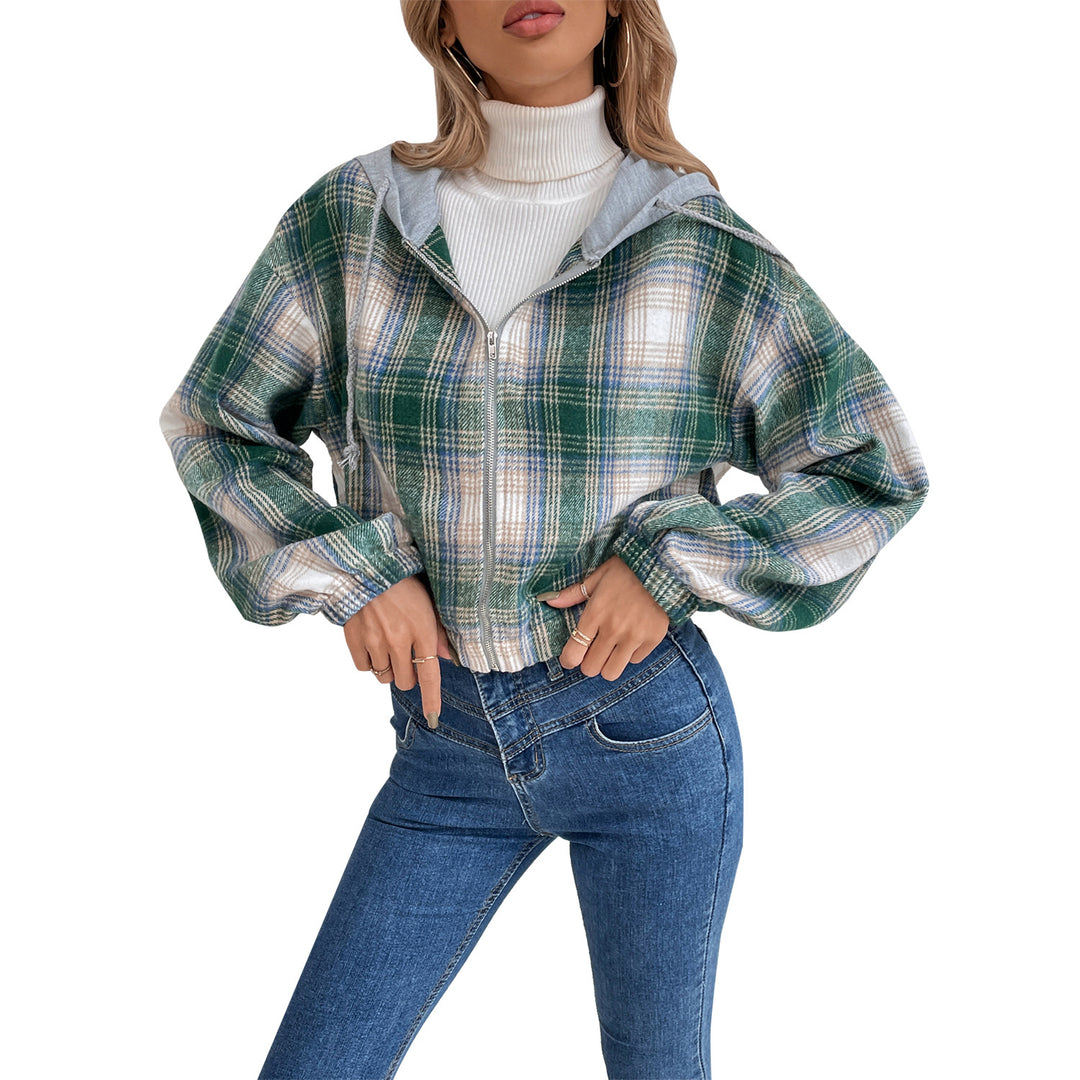 Damen cropped Flanelljacke mit Kapuze und modernem Karomuster Drune