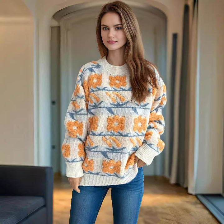 Damen Strickpullover mit floralem Muster und lässigem Schnitt Drune