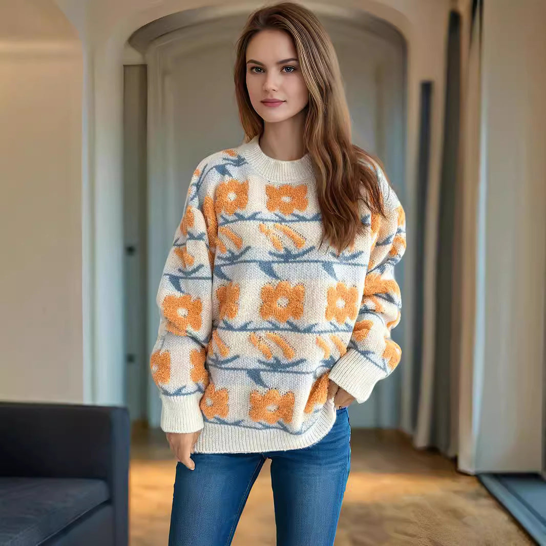 Damen kuscheliger Strickpullover mit floralen 3D-Applikationen Drune
