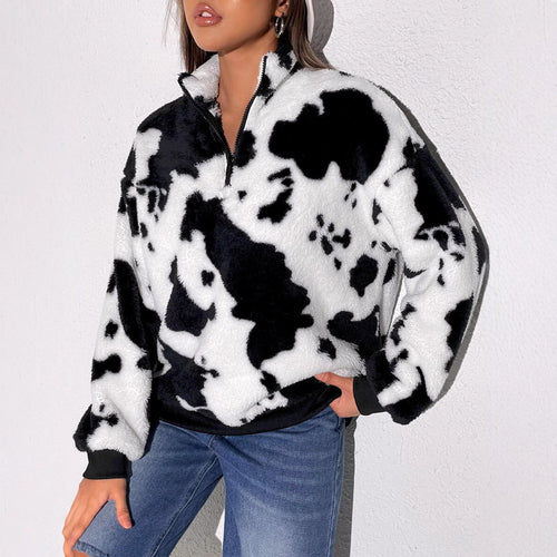 Damen Fleece-Pullover mit halbhohem Kragen und rustikalem Kuhmuster Drune