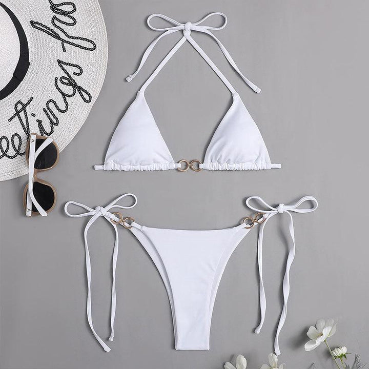 Damen Triangel-Bikini-Set mit raffinierten Rüschendetails und goldenen Akzenten Drune