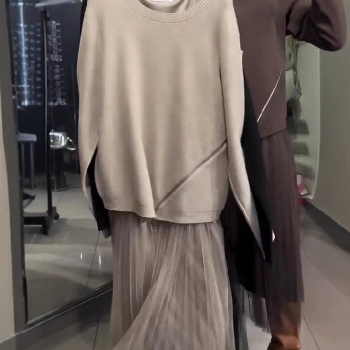 Damen trendiger, asymmetrischer Pullover mit Drapierung Drune