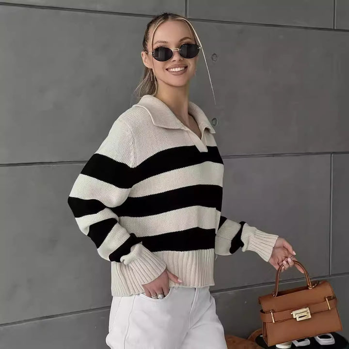 Damen Oversized Pullover mit klassischem Kragen und gestreiftem Design Drune