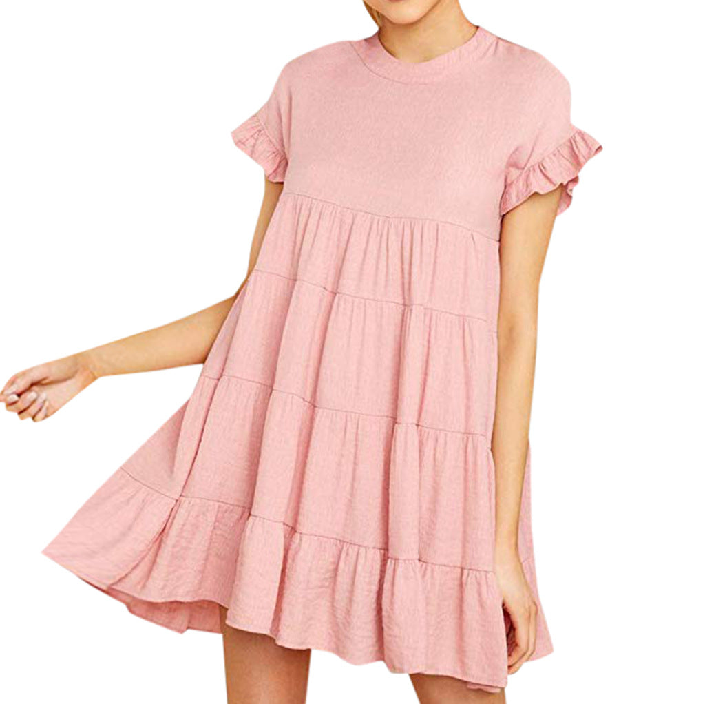 Damen luftiges Kurzarm Kleid mit Rüschendetails und fließendem Schnitt Drune