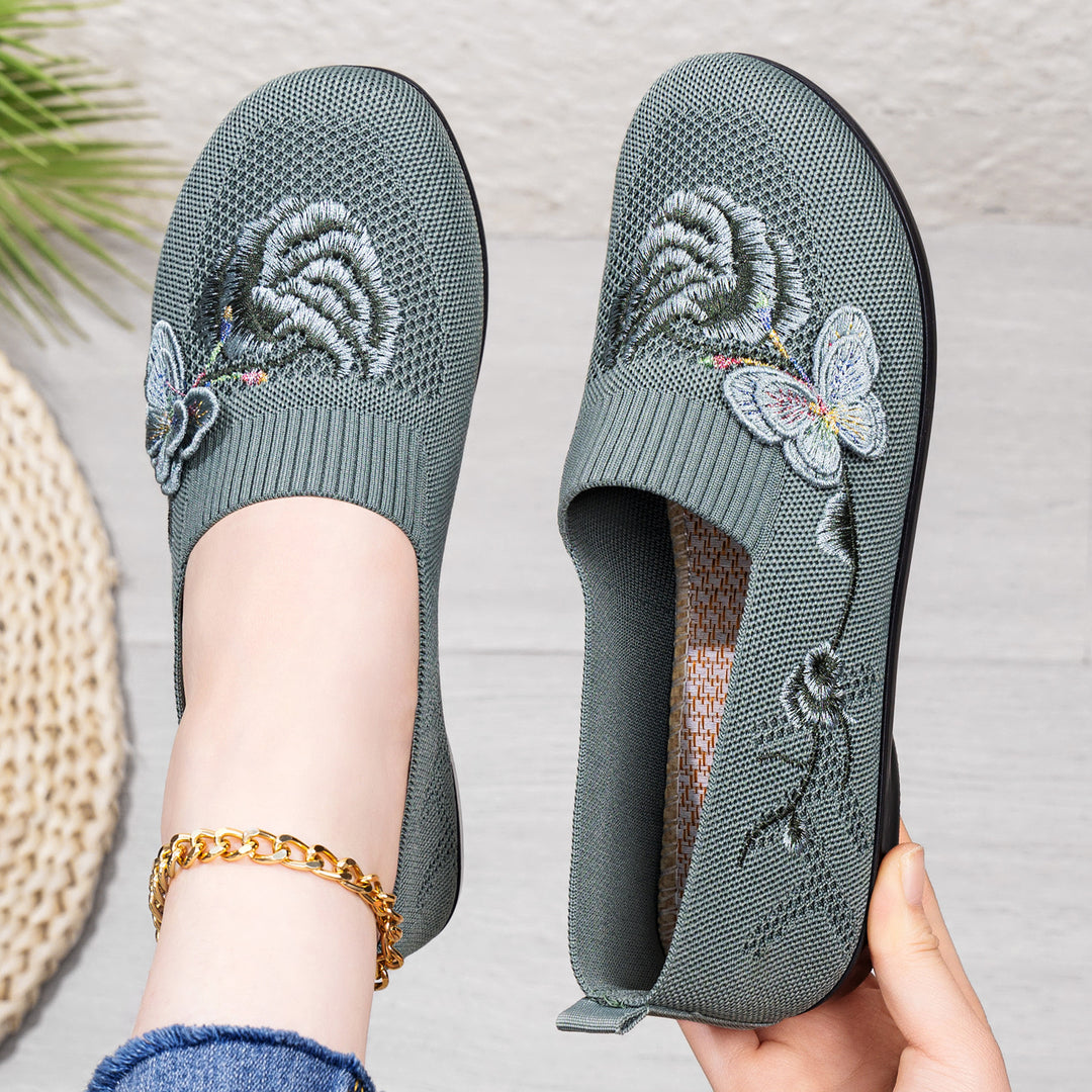 Damen nan bestickter Strick-Slipper mit sockenähnlichem Einstieg, floralem Stickmotiv und gedämpfter Leichtsohle Drune