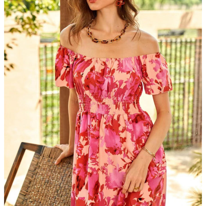 Damen Off-Shoulder Midikleid im floralen Design mit elastischem Oberteil und voluminösem Rock Drune