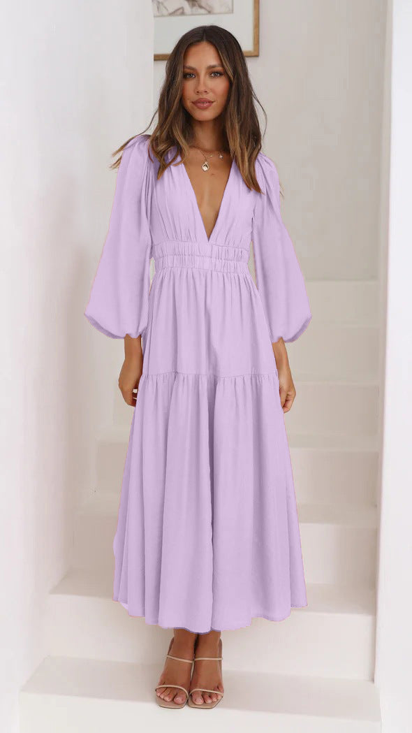 Damen Langarm Maxikleid mit tiefem V-Ausschnitt und weitem Rock Drune