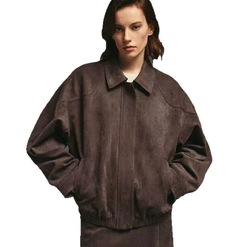 Damen Modische Kunstlederjacke mit elegantem Stehkragen und lässigem Schnitt Drune