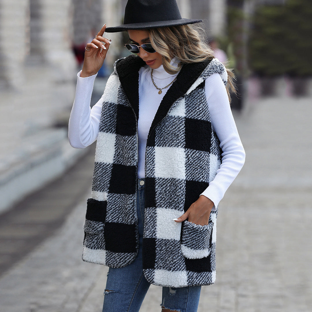 Damen Fleece-Weste mit Kapuze und Karomuster Drune