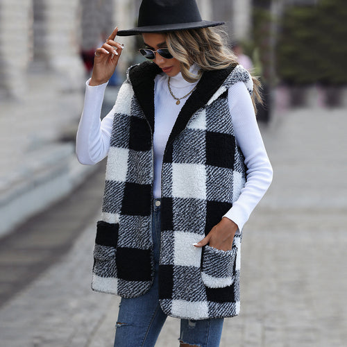 Damen Fleece-Weste mit Kapuze und Karomuster Drune