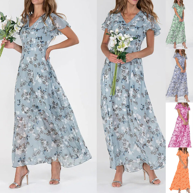 Damen Elegantes Maxikleid mit transparenten Ärmeln und floralem Muster Drune