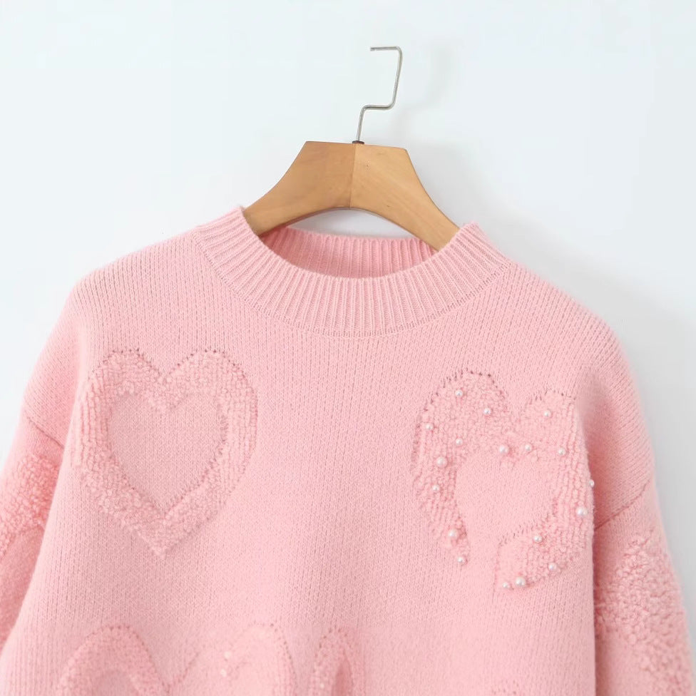 Damen Gemütlicher Strickpullover mit Herzmotiven Drune