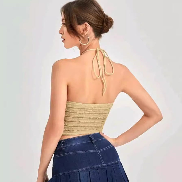 Damen Crop-Top mit Rüschendesign und zarten Trägern Drune