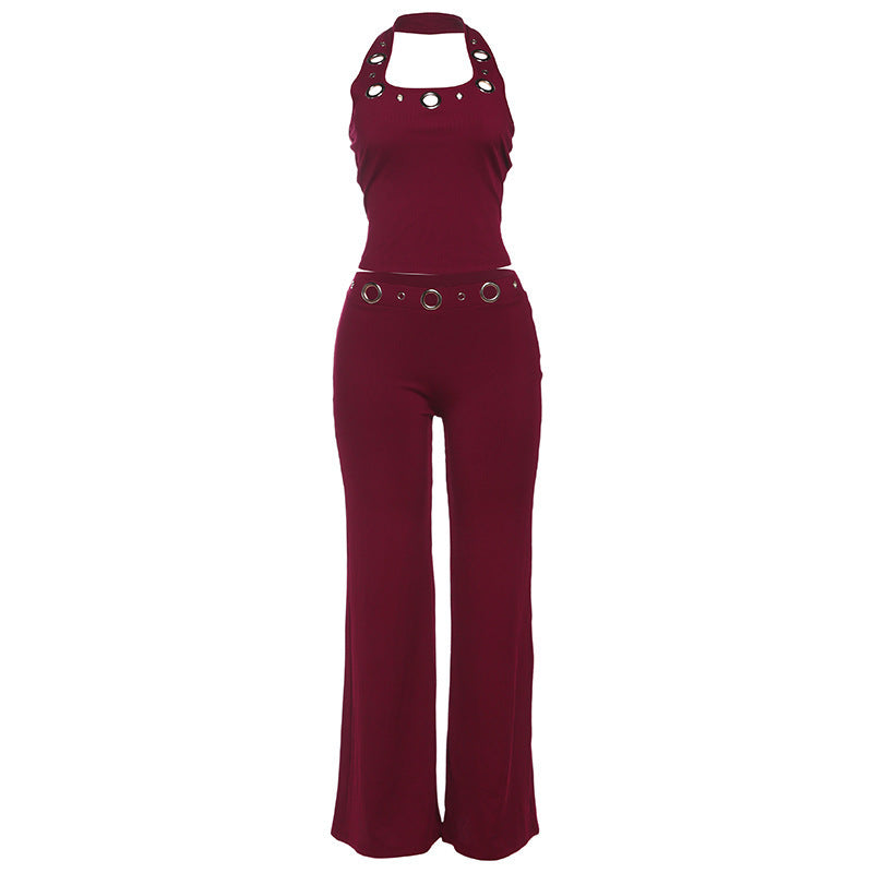 Damen Modischer Jumpsuit mit dekorativem Halterkragen und Gürteldetails Drune