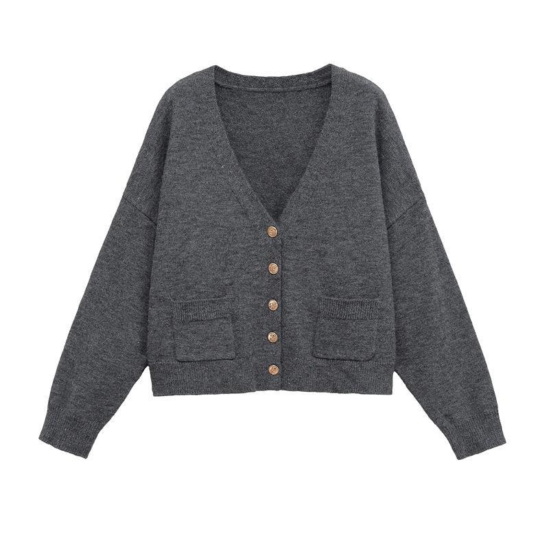 Damen Cropped Strickjacke mit V-Ausschnitt und Knopfdetails Drune