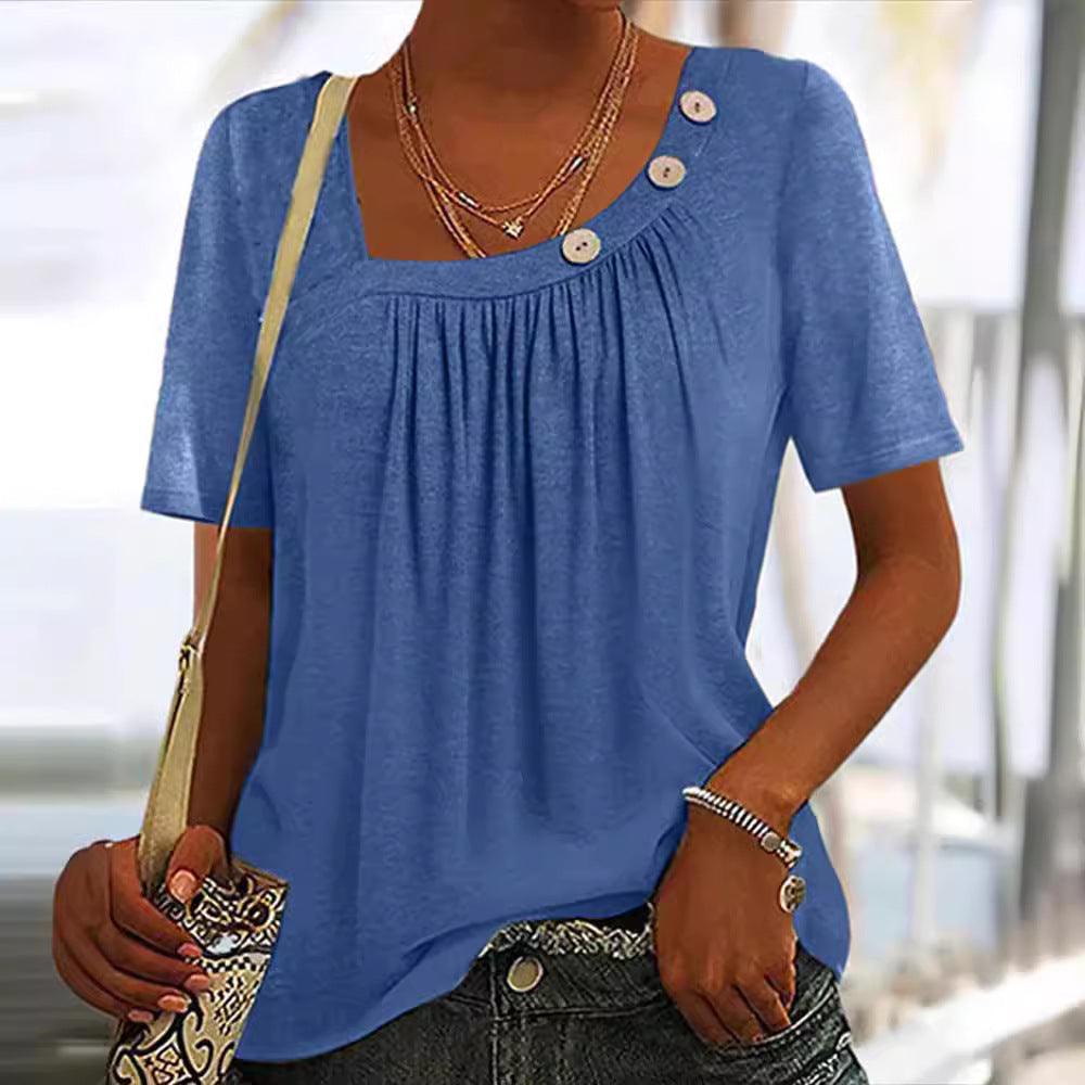 Damen nan locker sitzendes Kurzarmshirt mit quadratischem Ausschnitt, geraffter Brustpartie und Zierknopf-Detail Drune