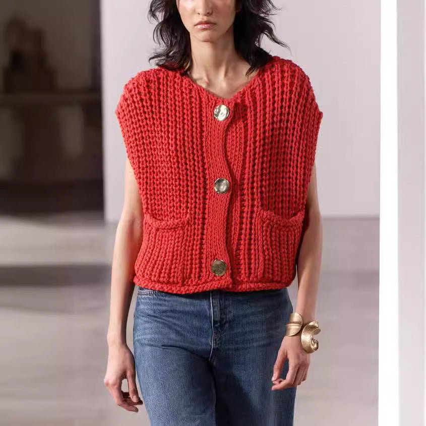 Damen Strickweste mit Knöpfen und Taschen Drune