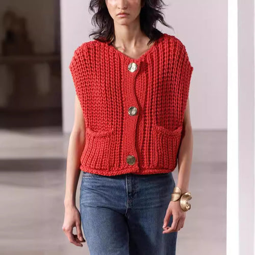 Damen Strickweste mit Knöpfen und Taschen Drune