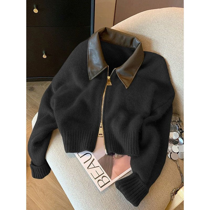 Damen Modische Cropped Jacke mit Lederkragen Drune
