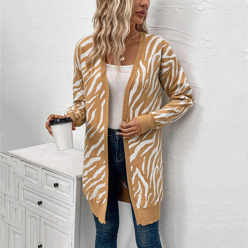 Damen Lässige Strickjacke im Zebra-Design mit langen Ärmeln und offenem V-Ausschnitt Drune