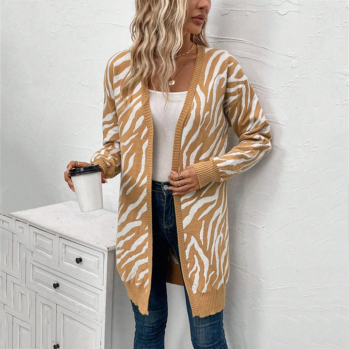 Damen Lässige Strickjacke im Zebra-Design mit langen Ärmeln und offenem V-Ausschnitt Drune