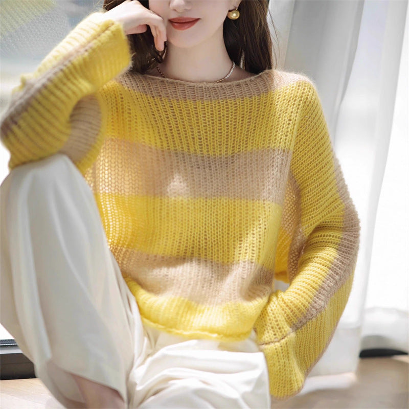 Damen lässiger grobstrick Pullover mit transparentem Muster Drune