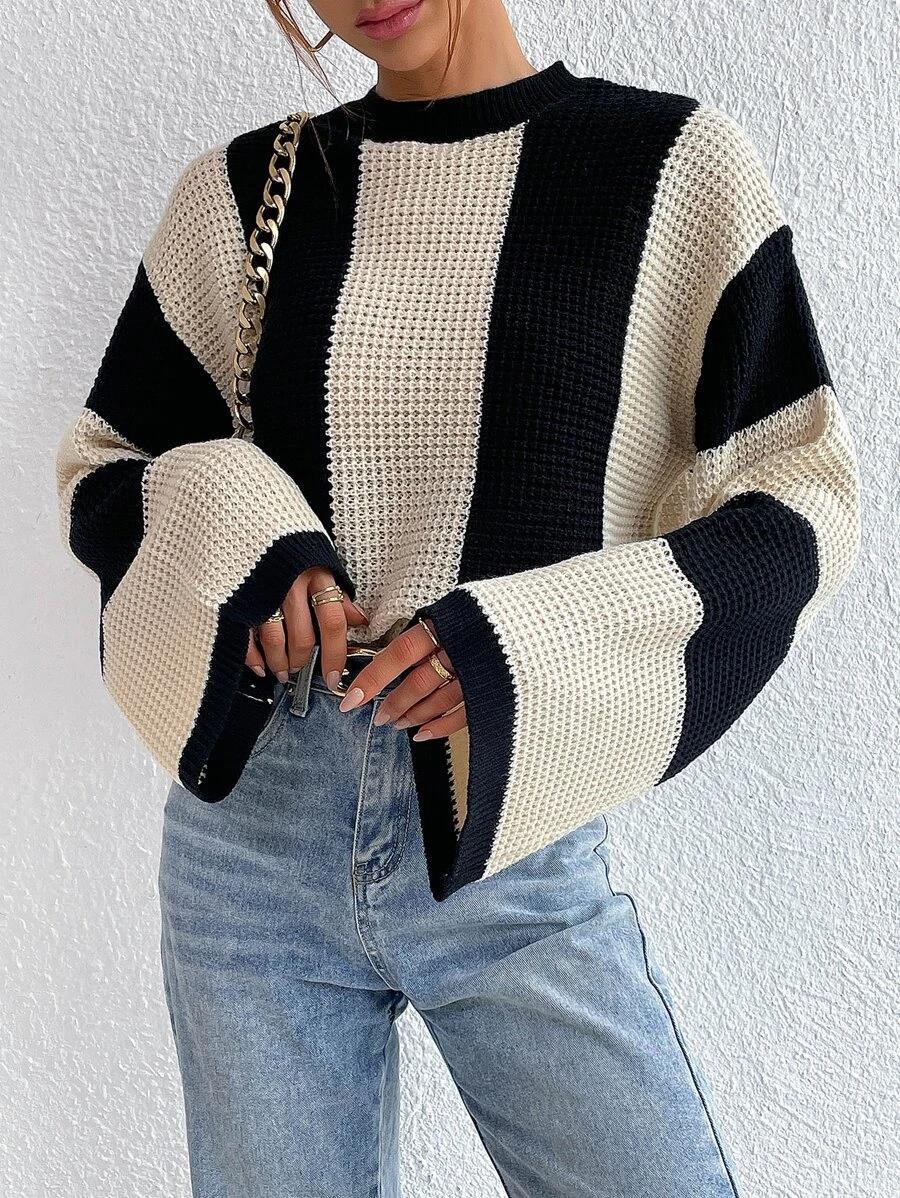 Damen Strickpullover mit einzigartiger Waffelstruktur und breiten Ärmeln Drune