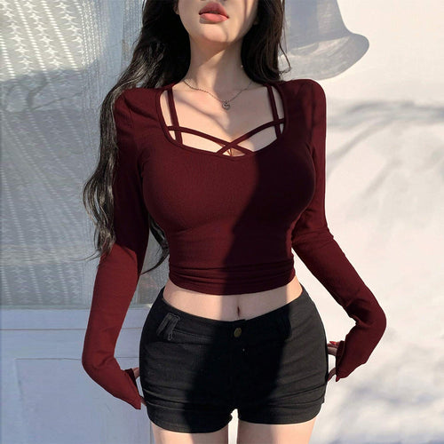 Damen Langarm-Crop-Top mit elegantem Schnitt und dekorativen Knoten Drune