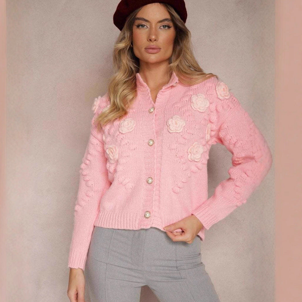 Damen Strickjacke mit floralen Details und Knopfverschluss Drune