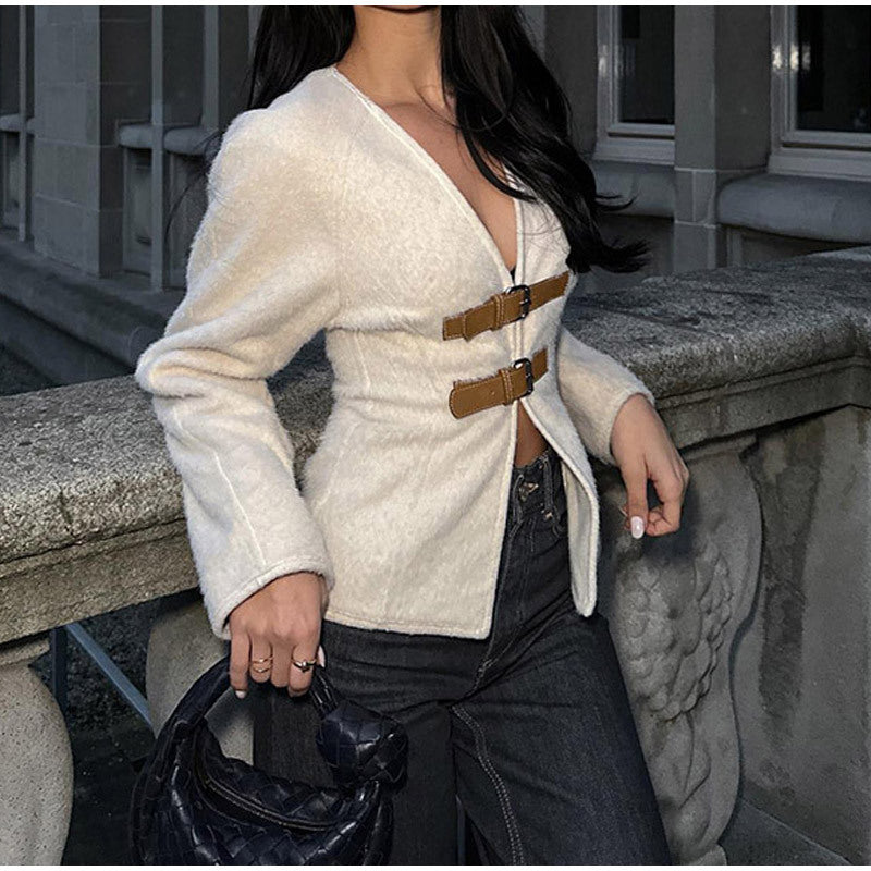Damen elegante Teddyjacke mit dekorativen Schnallen Drune