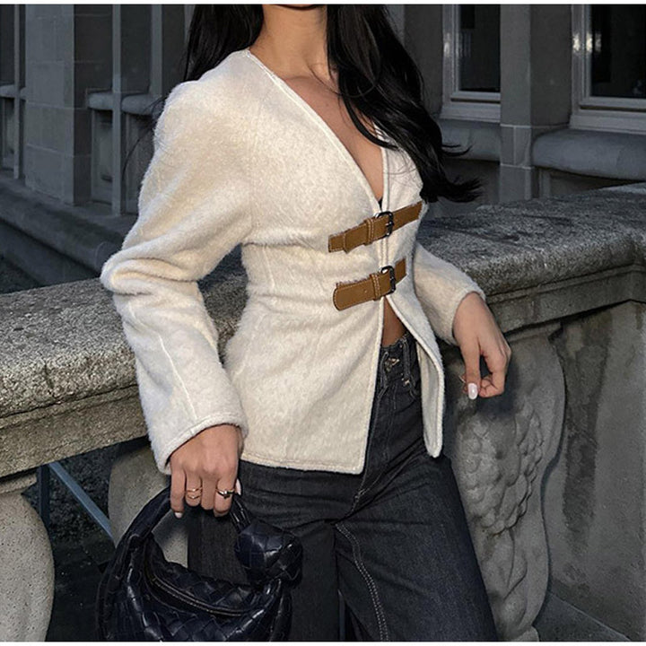 Damen elegante Teddyjacke mit dekorativen Schnallen Drune