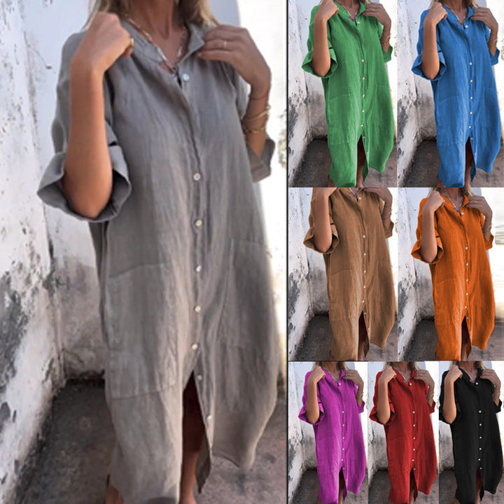 Drune | Lässiges Baumwoll-Leinen Shirtkleid mit dreiviertelärmeln