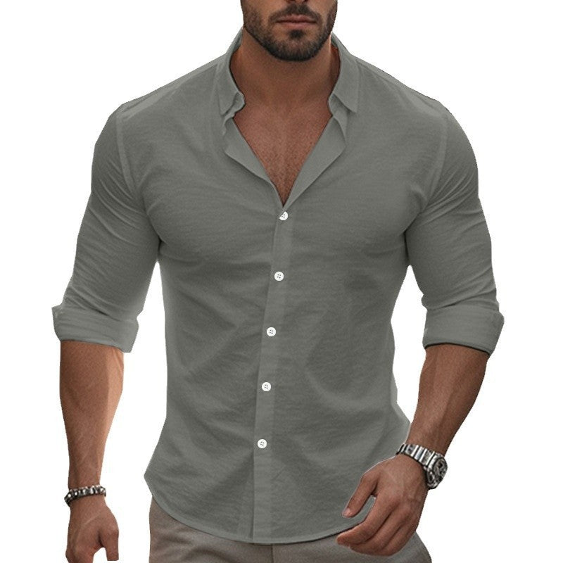 Herren nan tailliertes Stretch-Hemd mit Stehkragen, Slim-Fit und aufgerollten Ärmeln Drune
