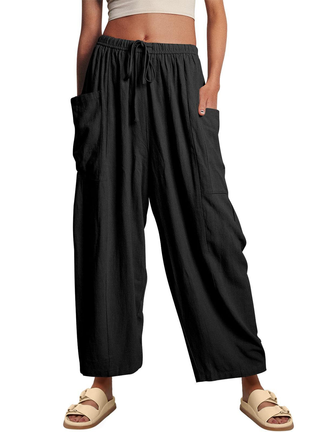 Damen weite Leinenhose mit elastischem Bund und großen Taschen Drune