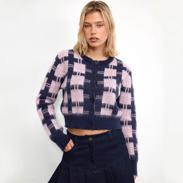 Damen cropped Strickjacke mit modernem Karomuster und knöpfbarem Design Drune