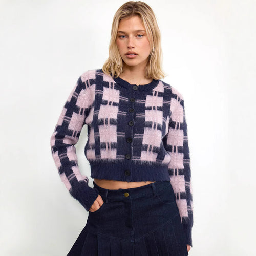 Damen cropped Strickjacke mit modernem Karomuster und knöpfbarem Design Drune