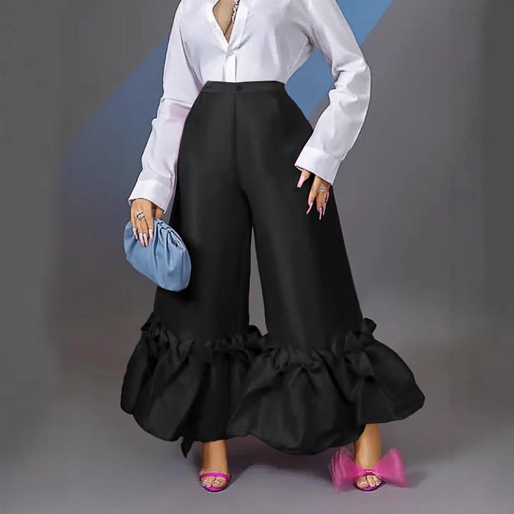 Damen elegante weite Hose mit voluminösem Rüschenabschluss Drune